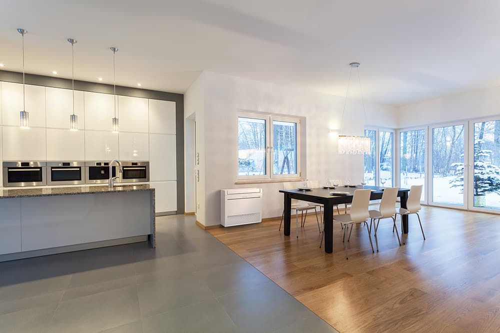 Mitsubishi Electric floor console heat pump in dining room